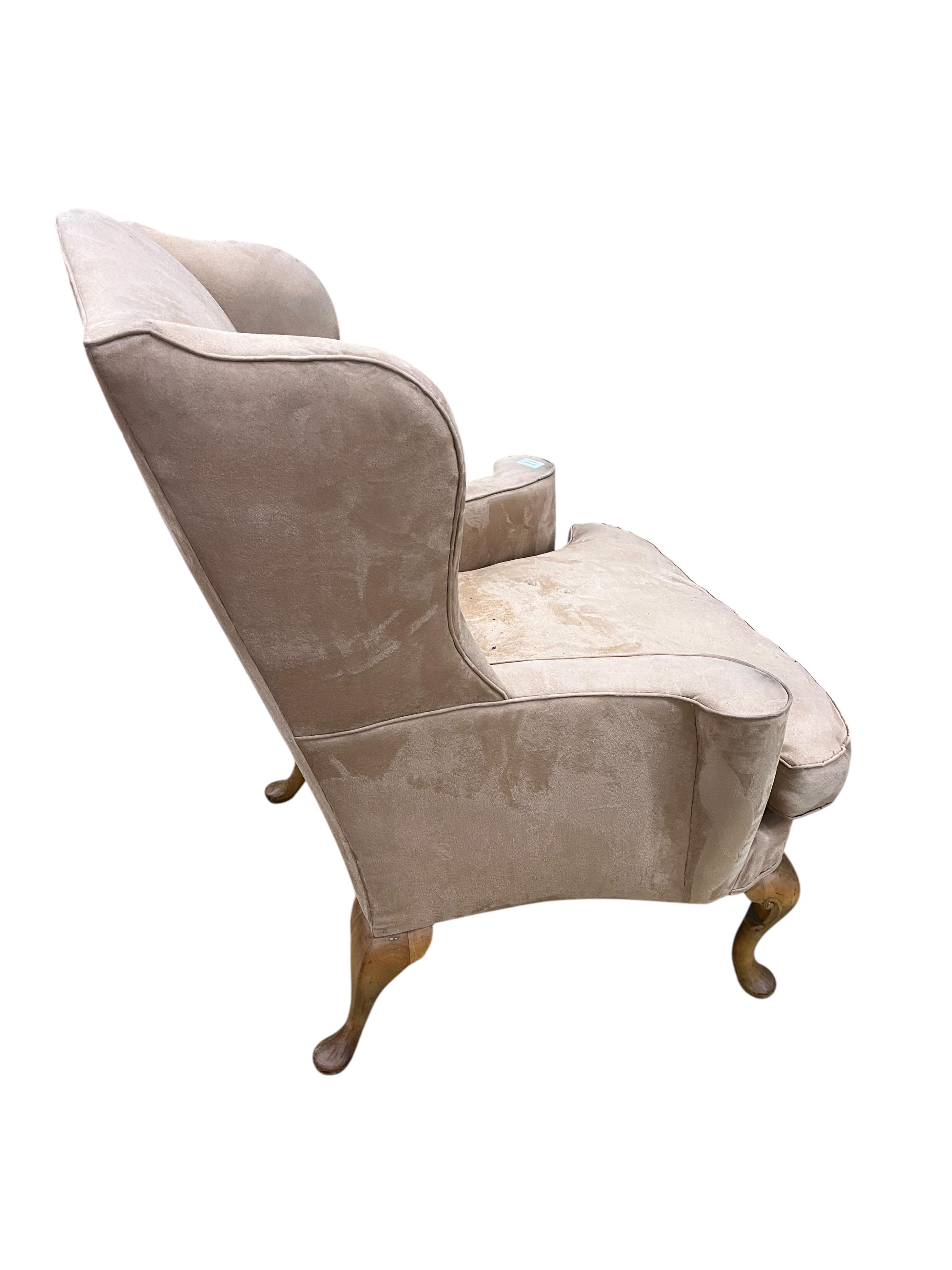 A pair of George III upholstered armchairs, width 85cm, depth 65cm, height 106cm